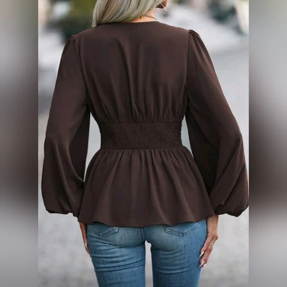 NEW Chic Ruched Waist Lantern Sleeve Peplum Top Blouse Dark Brown - Picture 5 of 8